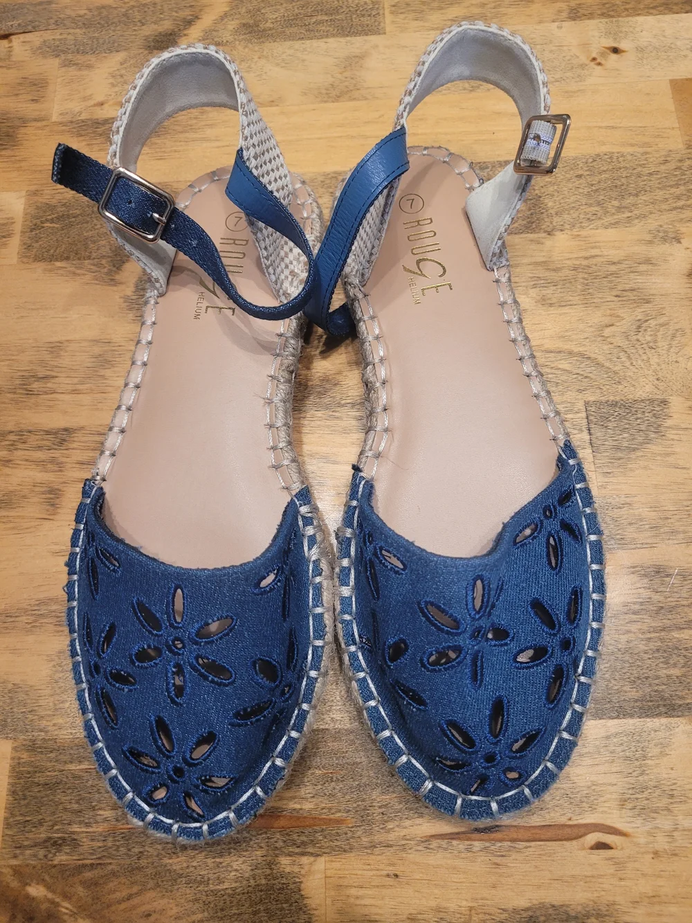 Rouge! Blue Laser-Cut Espadrille Sandals with Ankle Strap